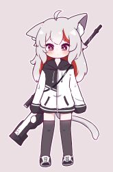Rule 34 | 1girl, ahoge, animal ear fluff, animal ears, black thighhighs, blush, borrowed character, cat ears, cat girl, cat tail, closed mouth, colored inner hair, commentary, english commentary, full body, grey hair, gun, gun on back, highres, hood, hood down, hoodie, long hair, long sleeves, multicolored hair, original, outline, pink background, pink eyes, red hair, rottenduck, shoes, simple background, sleeves past fingers, sleeves past wrists, sneakers, solo, standing, straight-on, streaked hair, tail, thick eyebrows, thighhighs, tsukiyo-chan, weapon, weapon on back, white outline