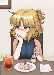 Rule 34 | 1girl, black shirt, blonde hair, blouse, blush, cake, chair, closed mouth, coat, unworn coat, covered collarbone, cup, drinking glass, embarrassed, food, fork, green eyes, highres, holding, holding fork, indoors, jacket, unworn jacket, looking away, mizuhashi parsee, moonii desu, napkin, plate, pointy ears, shirt, short hair, sleeveless, sleeveless shirt, solo, strawberry shortcake, table, touhou