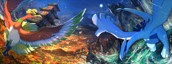 Rule 34 | architecture, autumn leaves, blue sky, building, commentary request, creatures (company), day, day and night, east asian architecture, game freak, gen 2 pokemon, highres, ho-oh, legendary pokemon, lugia, moon, mountain, night, night sky, nintendo, no humans, pagoda, pippi (pixiv 1922055), pokemon, pokemon (creature), pokemon gsc, sky, sparkle, water, waterfall, waves, wind