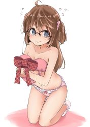Rule 34 | 1girl, @ @, ahoge, amemiya sekira, black-framed eyewear, blue eyes, blush, bobby socks, bow, bow panties, breasts, brown hair, cleavage, closed mouth, collarbone, commentary request, flying sweatdrops, frilled panties, frills, glasses, hair between eyes, hair ornament, hair scrunchie, heart, highres, kneeling, long hair, medium breasts, navel, no shoes, nose blush, hugging object, one side up, original, over-rim eyewear, panties, pink panties, pink scrunchie, scrunchie, sekira ame, semi-rimless eyewear, socks, solo, tears, topless, underwear, underwear only, very long hair, wavy mouth, white footwear, wrist scrunchie