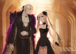 Rule 34 | 1boy, 1girl, black dress, black gloves, black pants, blue eyes, breasts, choker, cleavage, cowboy shot, dress, eye contact, fate/grand order, fate (series), gloves, green eyes, hair ornament, indoors, jewelry, long hair, looking at another, marie antoinette (fate), marie antoinette (formal dress) (fate), medium breasts, neckerchief, necklace, official alternate costume, pants, silver hair, smile, standing, strapless, strapless dress, takeshi kai, twintails, very long hair, white gloves, white neckerchief, wolfgang amadeus mozart (fate), wolfgang amadeus mozart (formal dress) (fate)