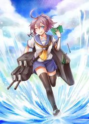 Rule 34 | 10s, 1girl, ;p, aoba (kancolle), black thighhighs, blue eyes, blue sky, blush, book, breasts, cannon, cloud, cloudy sky, collarbone, day, eraser, hair between eyes, holding, holding book, kantai collection, looking at viewer, machinery, medium breasts, messy hair, neckerchief, one eye closed, open book, pen, pencil, pencil case, ponytail, purple hair, school uniform, scrunchie, serafuku, short sleeves, shorts, sky, solo, standing, standing on one leg, thighhighs, tongue, tongue out, turret, water, yumaru (marumarumaru)