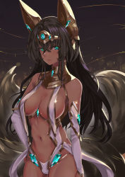 Rule 34 | 1girl, animal ears, aqua eyes, arm at side, bare shoulders, breasts, bridal gauntlets, brown hair, circlet, cleavage, commentary request, cowboy shot, dark-skinned female, dark background, dark skin, fake animal ears, fox tail, gem, glint, hair between eyes, hand on own hip, haowei wu, highres, large breasts, long hair, looking at viewer, navel, original, parted lips, revealing clothes, solo, stomach, tail, underbust, very long hair