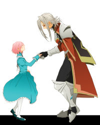 Rule 34 | 00s, 1boy, 1girl, alexei dinoia, armor, closed eyes, dress, estellise sidos heurassein, full body, green dress, grey hair, mary janes, pink hair, red eyes, shoes, short hair, simple background, size difference, smile, standing, tales of (series), tales of vesperia, white background, white legwear