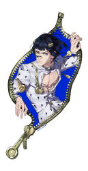 1boy absurdres black_hair blue_eyes blunt_bangs bob_cut bruno_bucciarati cleavage_cutout clothing_cutout hair_ornament highres hineshika jacket jojo_no_kimyou_na_bouken long_sleeves looking_at_viewer male_focus pectoral_cleavage pectorals short_hair solo vento_aureo white_jacket zipper zipper_pull_tab