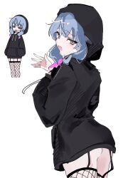 Rule 34 | 1girl, :d, ass, black hoodie, blue hair, blush, drawstring, fishnet thighhighs, fishnets, from behind, garter straps, grey eyes, hair between eyes, hatsune miku, highres, hood, hood up, hoodie, long sleeves, looking at viewer, looking back, moko (moa x80), multiple views, no pants, open mouth, photo inset, pure pure (rabbit hole), rabbit hole (vocaloid), simple background, smile, thighhighs, vocaloid, white background