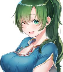 Rule 34 | 1girl, :d, bad id, bad twitter id, blue dress, blush, breasts, cleavage, collarbone, commentary request, dress, fire emblem, fire emblem: the blazing blade, fire emblem heroes, green eyes, green hair, high ponytail, highres, large breasts, long hair, looking at viewer, lyn (fire emblem), nintendo, one eye closed, open mouth, ponytail, ringozaka mariko, short sleeves, simple background, smile, solo, upper body, white background