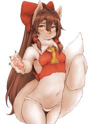 Rule 34 | 1girl, animal ears, armpit peek, bare shoulders, blush, body fur, bow, breasts, brown eyes, brown hair, closed mouth, dog ears, dog tail, furry, furry female, hair bow, hair tubes, hakurei reimu, hawthorn, highres, japanese clothes, long hair, looking at viewer, miko, navel, no bra, panties, simple background, small breasts, solo, standing, tail, touhou, underwear, white background, white panties