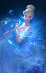 Rule 34 | 1girl, bare shoulders, blonde hair, blue dress, blue eyes, blue theme, breasts, bug, butterfly, cinderella, cinderella (disney), cleavage, crystal, dainegikun, disney, dress, eyelashes, frills, gem, glitter, glowing, gown, hair up, hairband, highres, insect, lipstick, makeup, parted lips, realistic, red lips, solo, strapless, strapless dress