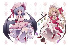 Rule 34 | 2girls, bat wings, blonde hair, crystal wings, dress, flandre scarlet, frilled dress, frills, full body, gloves, hat, hat ribbon, high heels, laevatein (touhou), long hair, multiple girls, open mouth, own hands together, red dress, red eyes, red ribbon, remilia scarlet, ribbon, rimei, short hair, side ponytail, touhou, white gloves, white mob cap, wings, yellow ribbon