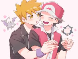 Rule 34 | 2boys, :o, aerodactyl, blonde hair, blue oak, blush, closed eyes, collared shirt, commentary request, creatures (company), game freak, gen 1 pokemon, hat, holding hands, male focus, mochi (mocchi p 2m), multiple boys, nintendo, open mouth, pink headwear, pink vest, pokemon, pokemon frlg, purple wristband, red (pokemon), shirt, short hair, short sleeves, snorlax, spiked hair, t-shirt, teeth, upper body, upper teeth only, vest, white background, wristband, yellow eyes