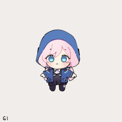 Rule 34 | 1girl, arknights, black pantyhose, black shorts, blue eyes, blue jacket, blue poison (arknights), blush, chibi, closed mouth, collared shirt, commentary, english commentary, full body, grey background, hair between eyes, hood, hood up, hooded jacket, jacket, long sleeves, looking at viewer, low twintails, open clothes, open jacket, pantyhose, pink hair, ruri (dailybloopy), shirt, shorts, sidelocks, simple background, solo, twintails, white shirt