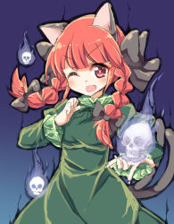 Rule 34 | 1girl, ;d, animal ears, bow, braid, cat ears, cat tail, dress, fang, hair bow, kaenbyou rin, long hair, looking at viewer, multiple tails, one eye closed, open mouth, red eyes, red hair, sketch, skull, smile, solo, tail, touhou, twin braids, yukari yukke