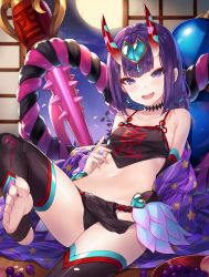 Rule 34 | 1girl, :d, artist name, bare shoulders, black sleeves, black thighhighs, blunt bangs, blush, breasts, chinese clothes, club, club (weapon), collarbone, commentary request, detached sleeves, dudou, earrings, fangs, fate/grand order, fate (series), fingernails, food, fruit, full moon, gourd, grapes, hand up, head tilt, headpiece, heart, hitsukuya, horns, indoors, jewelry, long fingernails, long toenails, moon, navel, night, night sky, oni, open mouth, purple eyes, purple hair, sharp fingernails, sharp toenails, short eyebrows, shuten douji (fate), shuten douji (fate/grand order), shuten douji (halloween caster) (fate), signature, skin-covered horns, sky, small breasts, smile, solo, spiked club, star (sky), starry sky, stirrup legwear, thick eyebrows, thighhighs, toeless legwear, toenails, upper body, weapon