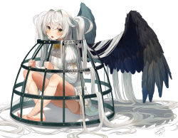 Rule 34 | 1girl, absurdly long hair, absurdres, angel, angel wings, arm ribbon, barefoot, birdcage, black wings, blush, bow, bowtie, cage, dress, fang, green eyes, hair between eyes, hair intakes, highres, in cage, long hair, long sleeves, looking at viewer, open mouth, original, panties, ribbon, simple background, sitting, skin fang, solo, tetta (tettaakira), twintails, underwear, very long hair, white background, white dress, white hair, white panties, wings, yellow bow, yellow ribbon