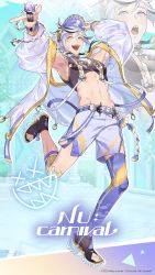 Rule 34 | 1boy, abs, adjusting clothes, adjusting headwear, aqua nails, armpits, beads, bishounen, black hair, blade (nu carnival), character name, coat, crop top, full body, gem, grey eyes, highres, holding, holding microphone, idol, lemon print, long sleeves, looking at viewer, male focus, microphone, multicolored hair, nail polish, navel, nu carnival, official art, official wallpaper, open mouth, purple nails, purple shorts, seashell, see-through, see-through coat, sharp teeth, shell, short hair, shorts, smile, standing, standing on one leg, streaked hair, tassel, teeth, toenails, white hair