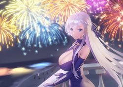 Rule 34 | 1girl, answering, azur lane, balcony, bare shoulders, belfast (azur lane), belfast (the noble attendant) (azur lane), blue eyes, braid, breasts, broken, broken chain, chain, chain, champion uniform, cleavage, cleavage cutout, clothing cutout, criss-cross halter, dress, elbow gloves, evening gown, fireworks, french braid, gloves, gold chain, halter dress, halterneck, highres, huge breasts, light purple hair, long hair, looking at viewer, official alternate costume, outdoors, purple gloves, sleeveless, sleeveless dress, standing, very long hair