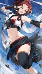 Rule 34 | 1girl, ;d, armpits, bare shoulders, black gloves, black thighhighs, breasts, brown eyes, chixia (wuthering waves), crop top, fingerless gloves, gloves, goomrrat, hand up, highres, leg up, looking at viewer, medium breasts, medium hair, midriff, miniskirt, nail polish, navel, one eye closed, open mouth, outstretched arm, ponytail, red hair, red nails, red skirt, sarashi, shirt, single sleeve, single thighhigh, skirt, smile, solo, stomach, thighhighs, white shirt, wuthering waves