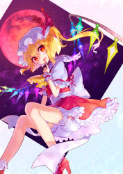 Rule 34 | 1girl, :d, absurdres, ascot, bare legs, blonde hair, bloomers, blush, bobby socks, braid, commentary request, crystal, finger to mouth, flandre scarlet, french braid, frilled skirt, frilled sleeves, frills, from below, full moon, hat, hat ribbon, high heels, highres, hinasumire, invisible chair, long hair, looking at viewer, looking down, mob cap, moon, one side up, open mouth, puffy short sleeves, puffy sleeves, red eyes, red footwear, red moon, red ribbon, red skirt, red vest, ribbon, shirt, shoes, short sleeves, sitting, skirt, smile, socks, solo, tareme, touhou, underwear, upskirt, vest, white shirt, white socks, wings, wrist cuffs, yellow ascot