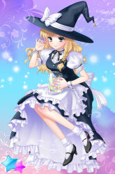 Rule 34 | 1girl, alha, blonde hair, bobby socks, braid, candy, female focus, food, frills, green eyes, hat, kirisame marisa, konpeitou, long hair, mary janes, shoes, socks, solo, star (symbol), touhou, witch, witch hat, wrist cuffs