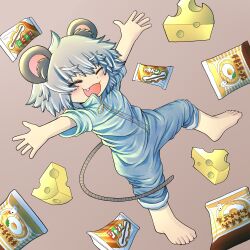 Rule 34 | 1girl, alternate costume, animal ears, barefoot, blush, brown background, cheese, choco monaka jumbo, closed eyes, commentary request, cookie (touhou), drddrddo, fang, flat chest, food, full body, grey hair, grey jumpsuit, highres, instant ramen, jumping, jumpsuit, medium bangs, mouse ears, mouse girl, mouse tail, nazrin, nyon (cookie), open mouth, pack noodles, short hair, short sleeves, simple background, smile, solo, tail, the chicken that appears in the middle of cookie, touhou, zipper