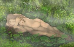 Rule 34 | 2girls, ass, bad id, bad pixiv id, brown hair, closed eyes, completely nude, flower, frottage, girl on top, hand on another&#039;s back, hand on another&#039;s head, hug, kiss, lily pad, long hair, lying on person, multiple girls, nature, nude, original, partially submerged, realistic, sunlight, water, yuri, za54534, zaizai (za54534)