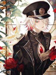 Rule 34 | 1boy, absurdres, alternate hairstyle, bird, bishounen, black jacket, blue eyes, chest jewel, commentary, eyeshadow, fate/grand order, fate (series), flower, gem, gloves, gradient hair, hair over one eye, hand up, hat, highres, holding, holding paper, jacket, karna (chaldea express) (fate), karna (fate), looking at viewer, makeup, male focus, multicolored hair, official alternate costume, pale skin, paper, petals, red eyeshadow, red flower, red gloves, red hair, short hair, solo, sqloveraven, two-tone hair, upper body, white hair