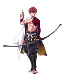 Rule 34 | 1boy, abs, applechoc, arrow (projectile), bow, commentary request, emiya shirou, fate/grand order, fate (series), full body, highres, igote, limited/zero over, looking at viewer, male focus, red hair, sandals, senji muramasa (fate), topless male, short hair, simple background, solo, white background, yellow eyes