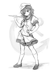 Rule 34 | 1girl, 80isiiii, absurdres, anchor, anchor symbol, blush, closed mouth, collarbone, full body, greyscale, hat, highres, monochrome, murasa minamitsu, neckerchief, peaked cap, puffy short sleeves, puffy sleeves, sailor collar, sailor shirt, shirt, shoes, short hair, short sleeves, shorts, simple background, smile, solo, touhou, white background