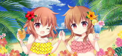 Rule 34 | 2girls, alternate costume, beach, bikini, bikini top only, brown eyes, brown hair, cloud, cloudy sky, cocktail, cocktail glass, commentary request, cup, drinking glass, flower, folded ponytail, frilled bikini, frills, hair between eyes, hair flower, hair ornament, holding, holding cup, holding hands, ikazuchi (kancolle), inazuma (kancolle), kantai collection, kashiwadokoro, looking at viewer, multiple girls, ocean, one eye closed, open mouth, palm leaf, short hair, side ponytail, sky, smile, swimsuit, wine glass