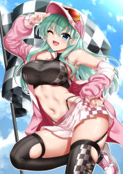 1girl akizuki_akina alternate_costume aqua_hair baseball_cap black_panties blue_eyes breasts checkered_flag detached_sleeves flag hair_ornament hairclip hat highleg highleg_panties jacket kantai_collection large_breasts long_hair midriff miniskirt navel one_eye_closed open_clothes open_jacket panties pink_hat pink_jacket pleated_skirt race_queen shoes skirt sneakers solo suzuya_(kancolle) thighhighs underwear very_long_hair white_skirt