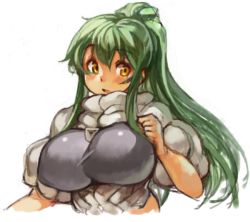 Rule 34 | 1girl, bike shorts, breasts, female focus, green hair, high ponytail, large breasts, long hair, open mouth, original, ponytail, sachito, sidelocks, simple background, solo, sumi-chan (sachito), white background, yellow eyes