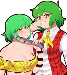 Rule 34 | 2girls, absurdres, breast tattoo, breasts, cleavage, green hair, hanaarts, highres, hikage (senran kagura), kazami yuuka, large breasts, look-alike, multiple girls, open clothes, open vest, plaid, plaid vest, red eyes, red vest, senran kagura, shirt, short hair, tattoo, touhou, trait connection, vest, white shirt, yellow eyes, yellow neckwear