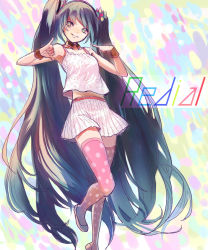 Rule 34 | 1girl, copyright name, detached collar, hatsune miku, highres, long hair, pink thighhighs, polka dot, polka dot legwear, redial (vocaloid), shaka sign, skirt, solo, song name, thighhighs, twintails, very long hair, vocaloid, yandywu