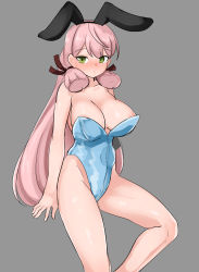 Rule 34 | 1girl, absurdres, akashi (kancolle), animal ears, bare legs, blue leotard, blunt tresses, breasts, cleavage, fake animal ears, feet out of frame, green eyes, grey background, hair ribbon, highres, kantai collection, large breasts, leotard, long hair, maru (marg0613), pink hair, playboy bunny, rabbit ears, ribbon, simple background, sitting, solo, strapless, strapless leotard, tress ribbon