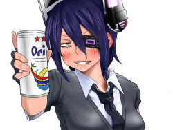 Rule 34 | 10s, 1girl, alcohol, bad id, bad pixiv id, beer, beer can, blue hair, blush, can, colorized, drink can, drunk, eyepatch, fingerless gloves, gloves, grin, highres, kantai collection, necktie, ookubo menma, orion beer, sharp teeth, smile, solo, sweater, teeth, tenryuu (kancolle), yellow eyes