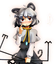 Rule 34 | 1girl, ahoge, animal ears, blush, capelet, dowsing rod, faux traditional media, female focus, grey hair, jewelry, mouse ears, mouse tail, mousegirl, nazrin, nightea, pendant, red eyes, solo, tail, touhou, translated