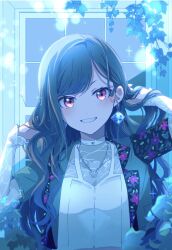Rule 34 | 1girl, absurdres, airabi, blue gemstone, blush, commentary request, crop top, cropped jacket, earrings, floral print, gem, green jacket, grin, highres, jacket, jewelry, lace, lace-trimmed shirt, lace trim, long hair, looking at viewer, plant, project sekai, red eyes, shiraishi an, shirt, sidelocks, smile, solo, swept bangs, the first concerto (project sekai), upper body, vines, white shirt, window