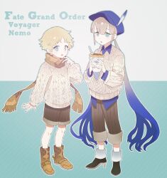 Rule 34 | 2boys, black footwear, blonde hair, blue eyes, blue headwear, brown footwear, brown pants, brown scarf, brown shorts, captain nemo (fate), character name, copyright name, fate/grand order, fate (series), food, gradient hair, hat feather, high heels, highres, holding, holding food, holding ice cream, ice cream, long hair, male focus, multicolored hair, multiple boys, nemo (fate), pants, scarf, short hair, shorts, tetsu (teppei), twintails, very long hair, voyager (fate)