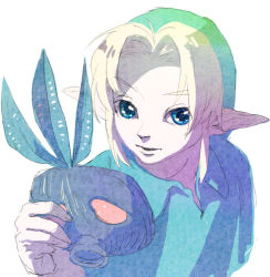 Rule 34 | 1boy, blonde hair, blue eyes, hat, holding, link, looking at viewer, male focus, mask, mutti (stamm), nintendo, pointy ears, solo, the legend of zelda