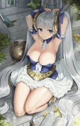 Rule 34 | 1girl, absurdres, arm garter, armpits, blue bow, blue eyes, blunt bangs, book, bow, breasts, chain, cleavage, commission, copyright request, goback, grey hair, hair bow, highres, knife, large breasts, long hair, looking at viewer, mole, mole on breast, parted lips, restrained, sitting, skirt, solo, sweat, thighs, twintails, very long hair, white skirt