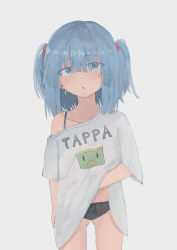 Rule 34 | 1girl, :o, absurdres, alternate costume, bare shoulders, blue eyes, blue hair, clothes writing, collarbone, commentary request, cowboy shot, flat chest, gluteal fold, grey background, hair between eyes, hair bobbles, hair ornament, highres, kappa, kawashiro nitori, light blush, looking at viewer, medium hair, off-shoulder shirt, off shoulder, parted lips, pun, shirt, simple background, solo, touhou, two side up, white shirt, xp543387