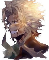 Rule 34 | 10s, 1boy, all might, bad id, bad twitter id, blonde hair, blood, blood from mouth, blood on face, blue eyes, boku no hero academia, bruise, close-up, cuts, grin, injury, lens flare, looking at viewer, male focus, oneul haru, simple background, smile, solo, twitter username, upper body, white background, yagi toshinori, aged down