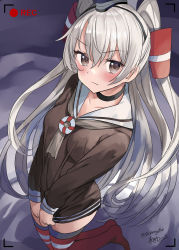 Rule 34 | 1girl, amatsukaze (kancolle), artist name, brown dress, brown eyes, clothes pull, commentary request, dated, dress, dress pull, garter straps, grey hair, grey neckerchief, hair tubes, hat, highres, kantai collection, lifebuoy ornament, long hair, looking at viewer, mini hat, mizuta kenji, neckerchief, one-hour drawing challenge, recording, red thighhighs, sailor dress, short dress, smokestack hair ornament, solo, striped clothes, striped thighhighs, thighhighs, two side up, viewfinder