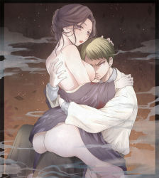 Rule 34 | 1boy, 1girl, angry, ass, bare shoulders, blush, breasts, brown hair, commentary request, eyelashes, fingernails, frown, gotou akira, green hair, hand on another&#039;s back, hand on another&#039;s head, japanese clothes, kimetsu no yaiba, kimono, large breasts, long sleeves, looking at viewer, purple eyes, purple kimono, short hair, sideboob, sidelocks, sitting, sitting on thigh, smoke, tamayo (kimetsu no yaiba), thighs, yushiro (kimetsu no yaiba)