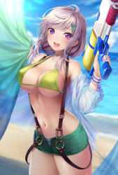 Rule 34 | 1girl, :d, ahoge, armpit peek, bare shoulders, bikini, bikini under clothes, blurry, blurry background, breasts, cleavage, cowboy shot, curtains, depth of field, green bikini, green shorts, hair ornament, hairclip, halterneck, hand up, highres, large breasts, long hair, looking at viewer, low twintails, mismatched bikini, mizuya nao, nail polish, navel, off shoulder, open clothes, open fly, open mouth, open shirt, original, pink nails, purple eyes, see-through, short shorts, shorts, silver hair, smile, solo, stomach, string bikini, striped bikini, striped clothes, suspenders, sweatband, swimsuit, thighs, trigger discipline, twintails, water gun