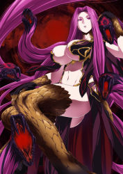 Rule 34 | 1girl, absurdly long hair, breasts, claws, cleavage, curvy, expressionless, fangs, fate/grand order, fate (series), female focus, gorgon (fate), hair intakes, hand on own knee, headpat, highres, huge breasts, ifuji shinsen, lips, long hair, matching hair/eyes, medusa (fate), medusa (rider) (fate), midriff, monster girl, navel, purple eyes, purple hair, revealing clothes, rider, scales, snake, solo, very long hair