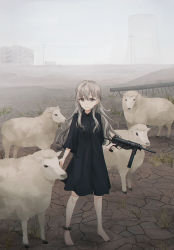 Rule 34 | 1girl, :d, animal, anklet, barefoot, black dress, brown eyes, brown hair, building, chihuri, cloud, cloudy sky, collared dress, commentary request, dress, earrings, gun, hair between eyes, highres, holding, holding gun, holding weapon, jewelry, long hair, m3 submachine gun, muted color, nuclear powerplant, open mouth, original, outdoors, overcast, power lines, scenery, sheep, sky, smile, solo, standing, submachine gun, toenails, utility pole, weapon
