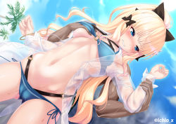 Rule 34 | 1girl, aqua bikini, bikini, black bow, blonde hair, blue eyes, blush, bow, breasts, commentary request, elf, flower, grabbing, grabbing another&#039;s breast, hair bow, hair ornament, hand under clothes, ichio, large breasts, long hair, navel, o-ring, o-ring bikini, pointy ears, ponytail, princess connect!, saren (princess connect!), saren (summer) (princess connect!), scowl, see-through, side-tie bikini bottom, solo, solo focus, swimsuit