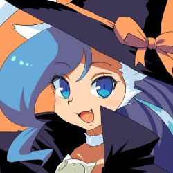 Rule 34 | 1girl, animal ears, blue eyes, blue hair, body fur, cat ears, choker, fangs, felicia (vampire), hat, long hair, looking at viewer, muu (mumumer), open mouth, simple background, smile, solo, vampire (game), witch hat